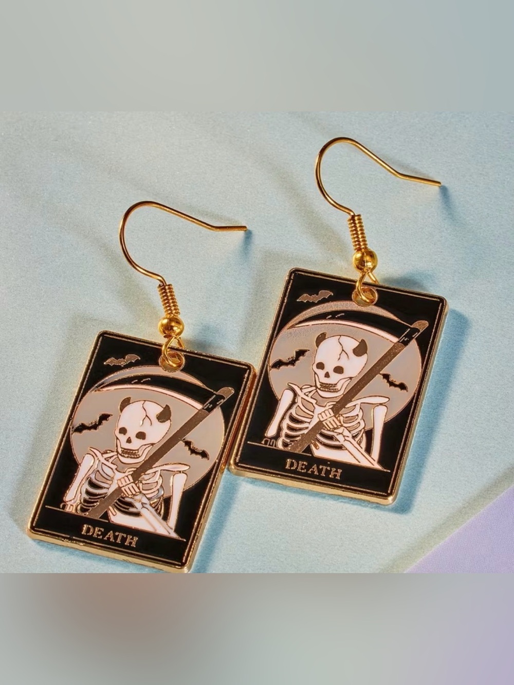 Death Skeleton Tarot Card Earrings in Black and Gold